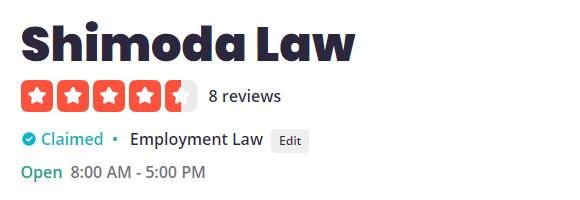 Yelp Review results for Shimoda & Rodriguez Law, PC